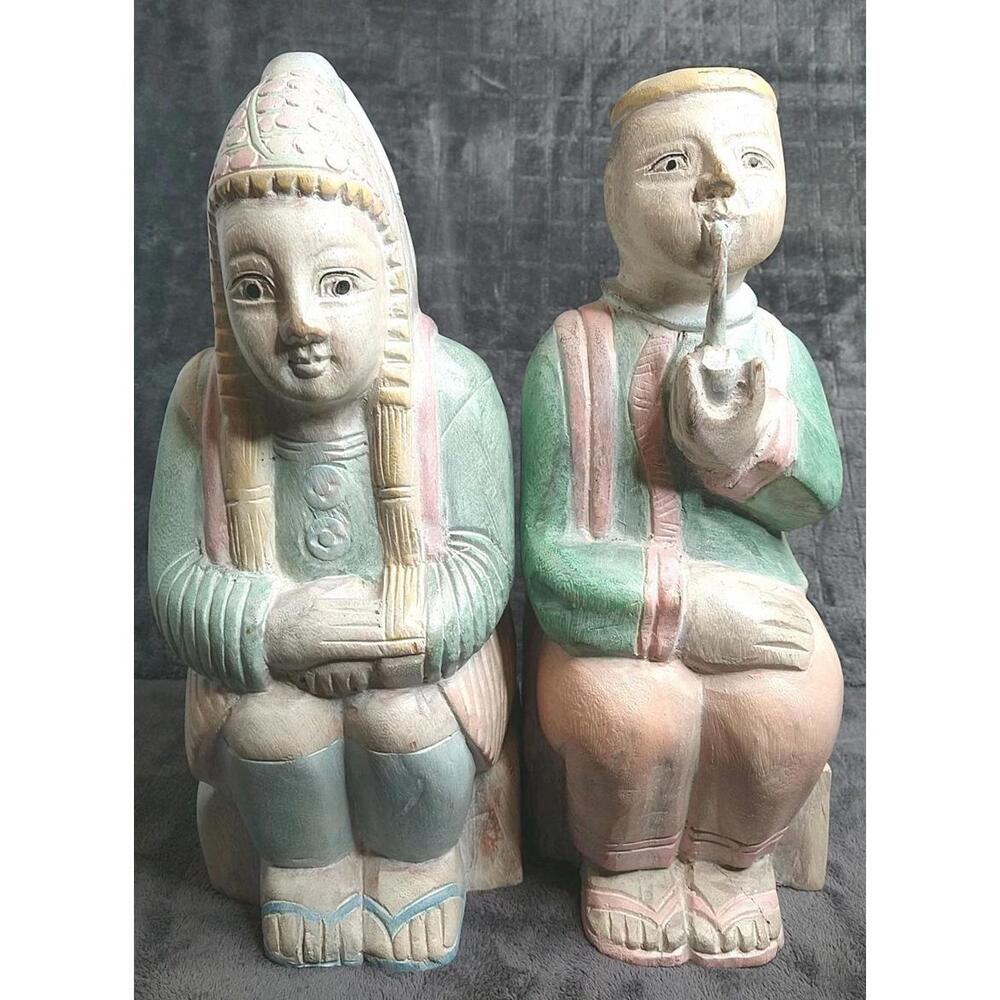 Hand Carved & Painted 15" Rustic Wood Statues Man w/Pipe & Woman w/Baskets
